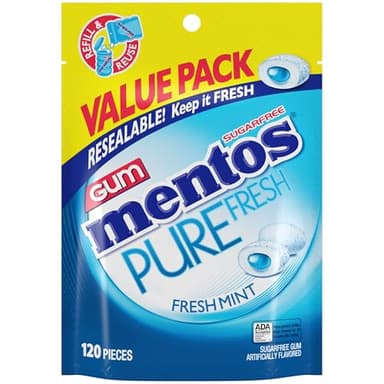 Mentos Pure Fresh Sugar-Free Chewing Gum with Xylitol, Fresh Mint, 120 Piece Resealable Bag (Pack of 1)