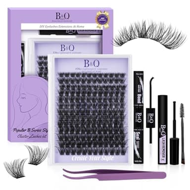 B&Q Wispy Lash Clusters Kit B02, DIY Lash Extension Kit 156PCS Eyelash Extension Kit, Soft Natural Lash Clusters 8-18MIX D Curl Lash cluster, Thin Black Band Cluster Eyelash Extensions (B02 Set)