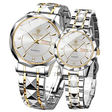 yunanwa Valentines Couple Pair Watches Men and Women Luminous Calendar Waterproof Gold Silver Stainless Steel Quartz Watch Blue Face his and Hers Watches Set Lovers Set of 2 (Silver)