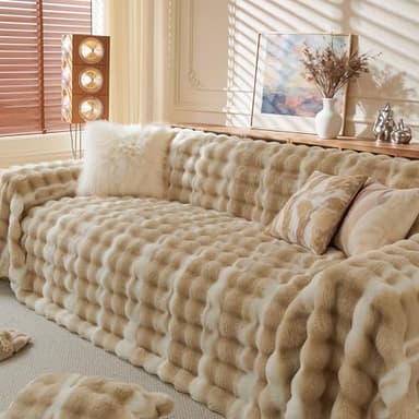 QemoraHome Faux Fur Plush Sofa Cover Anti-Slip Gradient Couch Cover Cosy Plush Sofa Slipcover for Pet Friendly 3 Cushion Couch