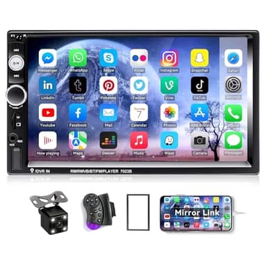 CAMECHO 7" Double Din Car Stereo Audio Bluetooth MP5 Player USB FM Multimedia Radio+ 4 LED Mini Backup Camera with Steering Wheel Remote Support Mobile Phone Synchronization (Used in Android/iOS)