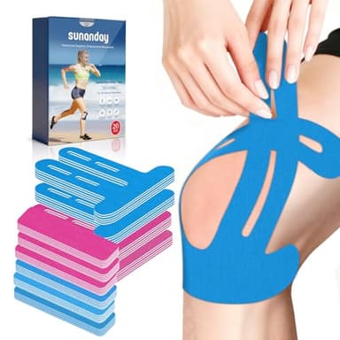 20 PCS Waterproof Kinesiology Tape for Shoulders/Knees,Precut Strips for Knee Pain Relief & Stability Support, Latex-Free Hypoallergenic Sports Athletic Tape (Blue and Pink)