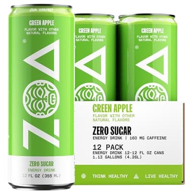 ZOA GREEN APPLE Sugar Free, Low Calorie Energy Drinks | Healthy B & C Vitamins | Electrolytes for Hydration | 160mg Caffeine from Green Tea | 12 Fl Oz Cans (12 Pack)