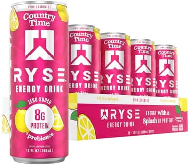 RYSE Functional Energy Drink - Country Time Pink Lemonade - 150mg Natural Caffeine, 8g Whey Protein & 1g Prebiotics - Sugar Free, Gut-Friendly, Bloat-Free - 12 fl oz Cans (12-Pack)