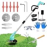 Cordless Lawn Trimmer Weed Wacker - HooSeen 12V Lawn Mover Grass Edger with 3 Types Blades, Hand Weeder, Two 2.0Ah Li-ion Batteries Powered Weed Trimmer Grass Cutter for Yard and Garden