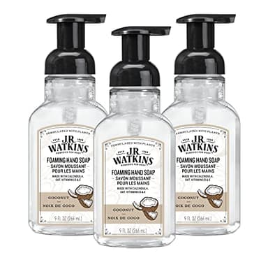 J.R. Watkins Foaming Hand Soap Pump with Dispenser, Moisturizing Hand Soap Foam, Alcohol-Free and Cruelty-Free, Use for Kitchen or Bathroom, Noix De Coco/Coconut, 9 fl oz, 3 Pack