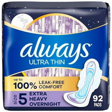 Always Ultra Thin Overnight Pads, Size 5, Extra Heavy Overnight, Unscented, 92 Count (2 Packs of 46)