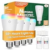 Neporal MAGIXPRO Smart Rechargeable Light Bulbs with Remote, USB+Socket Rechargeable Battery Operated Light Bulb, 2 Hrs Fast Charging Last 5-52 Hrs, 9+3 Colors, 4 Pack (MagixPro RGB, 4)
