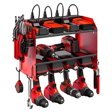 CCCEI Modular Power Tool Organizer Wall Mount with Charging Station. Garage Drill Storage Shelf with Hooks, Heavy Duty Rack, Tool Battery Holder Built in 8 Outlet. Gift for Men. Red, 1 Pack.
