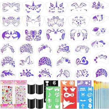 55PCS Face Paint Stencils Kit Includes 33 Reusable Facial Painting Stencils, 6 Sheets Tattoo Templates Stickers, 10 Brushes, 2 Pack Adhesive Gems, 4 Sponge for Halloween Festival Party Makeup