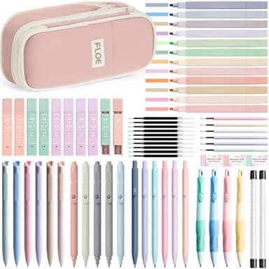 65PCS Aesthetic School Supplies with Cute Pencil Case, Pastel Highlighters Gel Pens Mechanical Pencils Set 0.5 0.7 & 2.0mm, Office Back to School Supplies College Essentials Kit Student Stationary Set