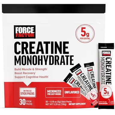 Force Factor Creatine Monohydrate, 5g Micronized Creatine Powder for Muscle Strength, Performance, Recovery and Cognitive Support, On The Go Single Serve Travel Packs, Unflavored, 30 Packets