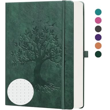ZXHQ A5 Bullet Dotted Journal Notebook - 150 gsm Thick Paper, 256 Pages, Dot Grid Hardcover, Tree of Life Design, Fine Inner Pocket - 5.9" × 8.5" Dark Green