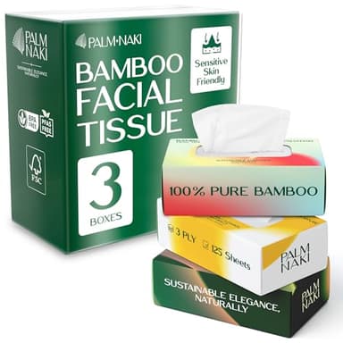 100% Bamboo Facial Tissue | 3-Ply Strong | Lint-Free, Fragrance-Free | Gentle for Sensitive Skin | BPA & PFAS-Free, FSC Certified | 3 Boxes (375 Sheets) | PALM NAKI