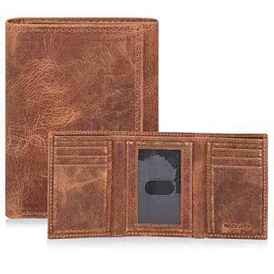Tri fold Leather Wallet for Men with RFID | Slim Wallets for Men with 1 ID and 6 Credit card slots | Front Pocket Minimalist (Hunter Cognac)