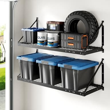 FLEXIMOUNTS 2-Pack 2x4ft Garage Wall Shelving - Heavy Duty Garage Storage Rack, 660lbs Load Capacity with Brace Guardrail, Organization System for Tools, Bins, Utility Room, Pro Series