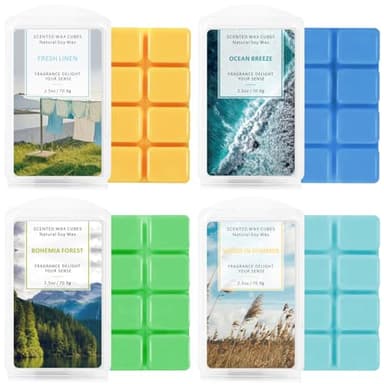 STRN Scented Wax Melts Wax Cubes Long Lasting Strong Scent, Soy Wax Cubes for Warmer Jelly Wax Melts Set, Ocean Breeze, Fresh Linen, Bohemia Forest, Summer Wind (4 x 2.5oz)