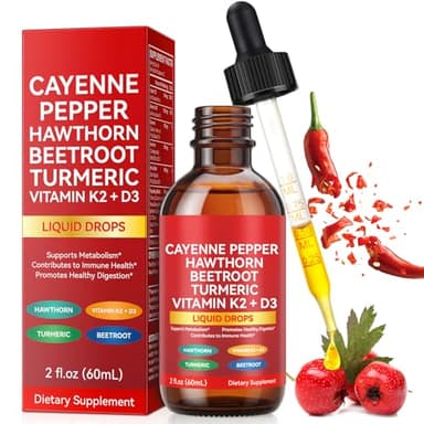 Cayenne Pepper Drops, Cayenne Pepper Supplement, with Hawthorn Berry, Vitamin D3 K2 Beet Root Powder, Ceylon Cinnamon, Turmeric Curcumin, Vegan-Friendly, Easily Absorbed - 60ml