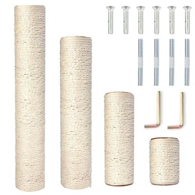 PowerKing Natural Sisal Replacement Scratching Post, 4 Pieces M8 Cat Scratch Post Refill Pole Parts for Refurbishment, White, Include Screws, White, 15.74''+11.88''+7.87''+3.93''