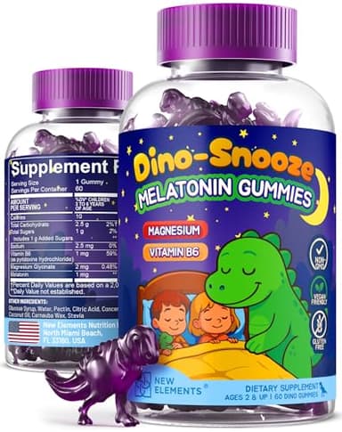 New Elements Melatonin Gummies Kids 2mg with Magnesium Glycinate & Vitamin B6 | Sleep Gummies for Kids | Dinosaur-Shaped Sleep Support | Natural Grape Flavor | Sugar Free | Non-GMO | Gluten Free