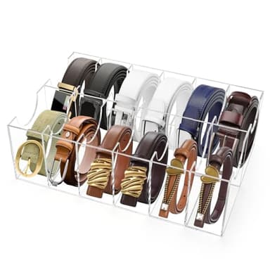 ZENFUN 12 Compartments Belts Storage Box, Acrylic Belt Organizer, Belt Container Storage Holder Clear Belts Display Case for Watch, Hair Accessories, Jewelry, Closet and Drawer
