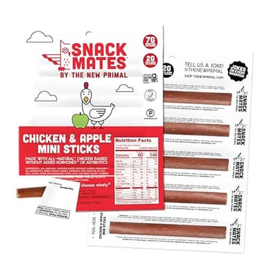 New Primal Snack Mates Chicken & Apple Sticks, Gluten Free Healthy Snacks for Kids, Low Sugar High Protein Back to School Snacks, Mini Paleo Jerky Meat Stick, 7g Protein, 60 Calories, 0.5 Ounce (10 Pack)