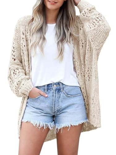 Womens Summer Crochet Lightweight Cardigan Coverups Boho Kimono Long Sleeve Open Front Knitted Outwear Cover Up Outfits A-Beige