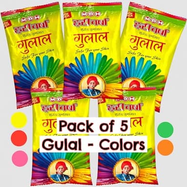 Holi Gulal Color Powder – 5 Assorted Colors | Color Powder for Holi Celebrations, Events, Parties & Cultural Use (Pink, Red, Orange, Yellow, Green, Pack of 5, 400gms or 14 oz)