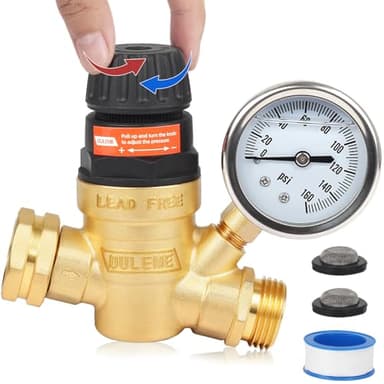 OULEME RV Water Pressure Regulator Valve with Handle Adjustable, Silicone Oil Gauge, Double Filters, Brass Lead-Free and 3/4" Connector for Camper Travel Trailer Water Pressure Control