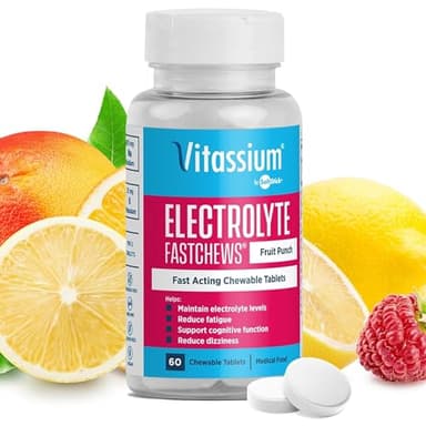 Vitassium FastChews, Chewable Electrolyte Tablets for Management of POTS and High Sodium Diets, Fast-Acting Sodium Tablets, Fruit Punch, 60 Count