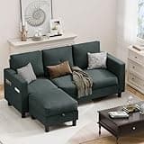 JAMFLY Convertible Sectional Couches for Living Room, L-Shaped Couch 3 Seat Sectional Sofa Set with Polyester Fabric and Movable Ottoman Small Couch for Apartments, Office, Dark Grey