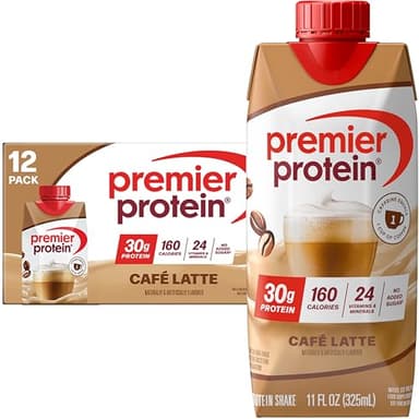 Premier Protein Shake, Café Latte with Caffeine for Energy – 30g Protein, No Added Sugar, 24 Vitamins & Minerals to Support Immune Health, 11 fl oz, 12 Pack