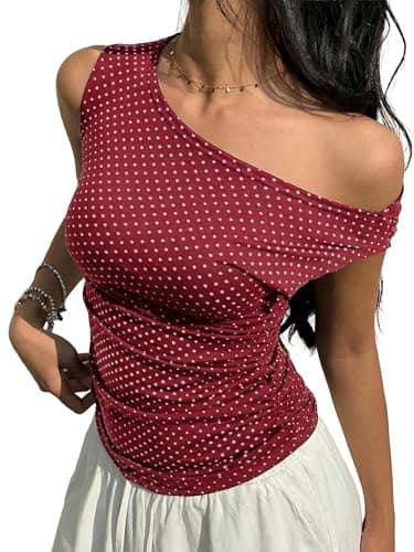 EMMIOL Off Shoulder Tops for Women Cute Sleeveless Polka Dot Shirts Ruched Sexy Going Out Tank Top Y2K Clothes
