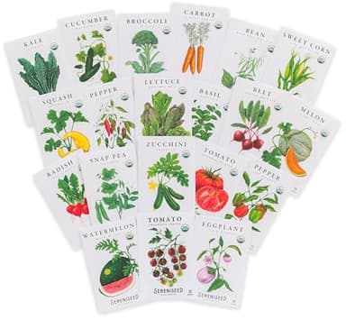 Sereniseed Certified Organic Vegetable Seeds (20-Pack) – Non GMO, Open Pollinated - Basil, Snap Pea, Broccoli, Bean, Jalapeno, Tomato, Lettuce, Cucumber, Carrot, Zucchini Seeds for Planting