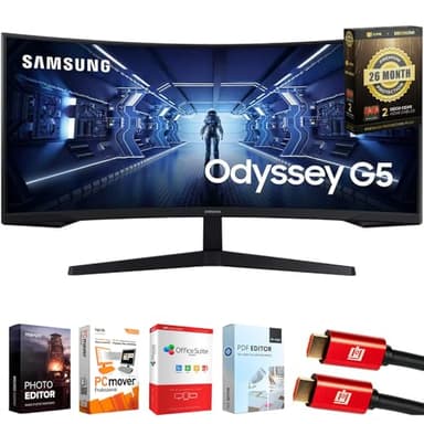 Samsung 34" Odyssey G55T WQHD 165Hz 1ms(MPRT) HDR Curved Gaming Monitor Bundle with Tech Smart USA Elite Suite 18, 2X HDMI Cable & Deco Gear CPS Exclusive 26 Month Protection Pack (BEACH-CPS-26M1000)