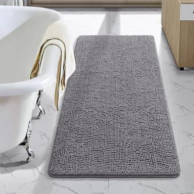 LOCHAS Luxury Bathroom Rug Shaggy Bath Mat 24 x 40 Inch, Washable Non Slip Bath Rugs for Bathroom Shower, Soft Plush Chenille Absorbent Carpets Mats, Gray