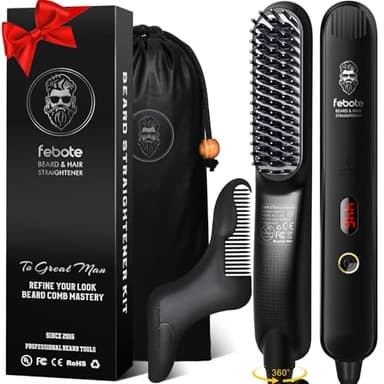 FEBOTE Heated Ionic Hair Straightening Brush for Men - 5 Temperature Settings, Anti-Scald, Beard Shaper & Travel Bag