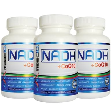 MAAC10 NADH + CoQ10 Chewable Tablets (3-Pack - 180 Tablets) | 50mg PANMOL® NADH + 100mg CoQ10 Supports Fatigue, Energy and NAD+, Non-GMO, Gluten Free, Vegetarian (3 Month Supply)