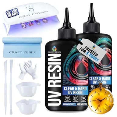 CRAFT RESIN UV Resin Kit with Light - 36W 22 LED Big Lamp and 200g Hard Type Low Viscosity UV Epoxy Resin, Crystal Clear & Non-Yellowing - Starter Kit for Jewelry Making