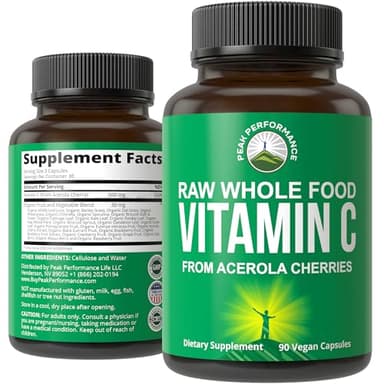 Peak Performance Raw Whole Food Natural Vitamin C Capsules from Acerola Cherry for Max Absorption. Vegan USA Sourced Vitamin C Supplement 90 Pills. 500 mg Serving or 2 Servings 1000mg