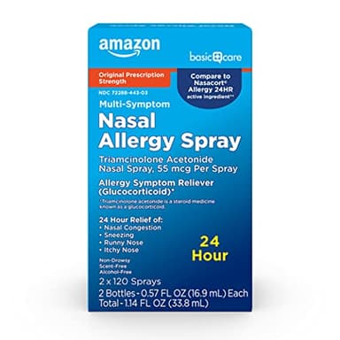Amazon Basic Care Multi-Symptom Triamcinolone Acetonide Nasal Allergy Spray, 24-Hour Non-Drowsy Allergy Relief, 55 mcg, 0.57 fl oz (2-Pack)