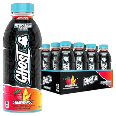 GHOST Hydration Drink, Strawbango - RTD Sports Drink with Electrolytes, Natural Vitamins & Minerals - All Day Lifestyle Hydration Beverage - Zero Caffeine & Zero Sugars - 16.9 Fl Oz, 12 Pack