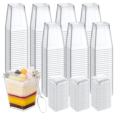 LifeIdeas 600 Pcs Mini Dessert Cups with Spoons and Lids, 5 Oz Square Mini Clear Parfait Cups, Shooters Cups for Party, Clear Yogurt Parfait Cups for Pudding, Fruit, Mousse, Snacks & Appetizers