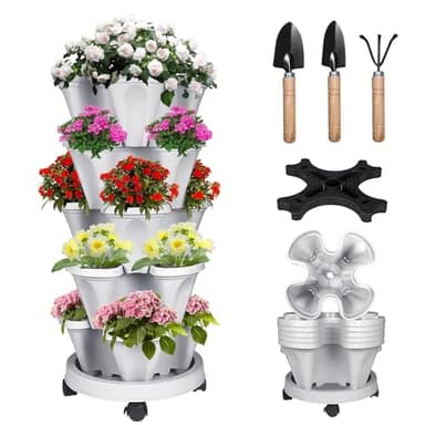 Bociks Vertical Strawberry Planter 5 Tier Stackable Tower Herb Planters-Stacking Garden Outdoor Planter Pot With Tools Mover For Succulents, Vegetables and Flowers