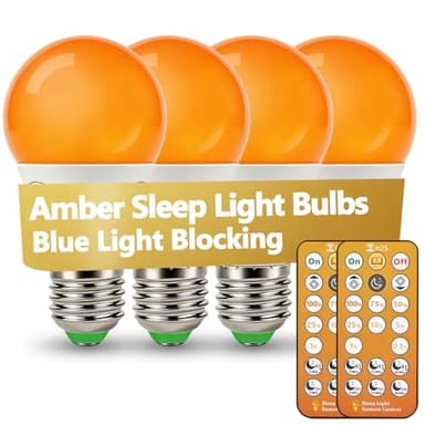 Wivety LED Sleep Amber Light Bulbs with Remote Control, 1600K E26 Circadian Light Bulb A15, 5W(40W Equivalent) for Sleep Therapy, Baby Nursery, Bedroom (4 Packs)