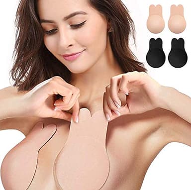 Breast Lift Nipple Covers,Adhesive Bra Instant Breast Lift Silicone Covers Pasties Tape 2 Pairs (Beige/Black, Large)