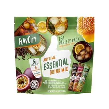 FlavCity Anytime Essential Tea Variety Pack - Powder Drink Mix Packets with Collagen - Black & Green Tea Water Flavoring Packets - 3 Flavors - With Collagen, Fiber & Electrolytes (30 Stick Packs)