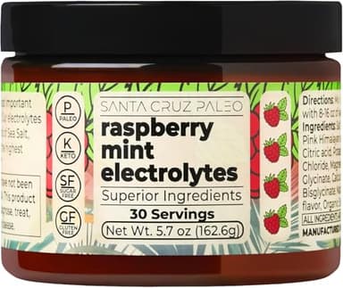Santa Cruz Paleo Electrolyte Powder, Raspberry Mint Flavor, Sugar Free Hydration Drink Mix with Himalayan Pink Salt, Sea Salt, Magnesium Glycinate, Potassium Chloride, Sweetened with Stevia, 30 Srvgs