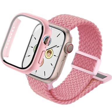 sylacor Braided Stretchy Band with Case Compatible with Kids Apple Watch Band (BrightPink, 40mm)