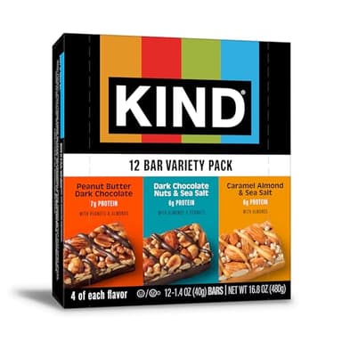 KIND Healthy Snacks Bars Variety Pack, Gluten Free, Low Sugar, High Fiber Snacks, Dark Chocolate Nuts & Sea Salt, Peanut Butter Dark Chocolate, Caramel Almond & Sea Salt, 6-7g Protein, 12 Count